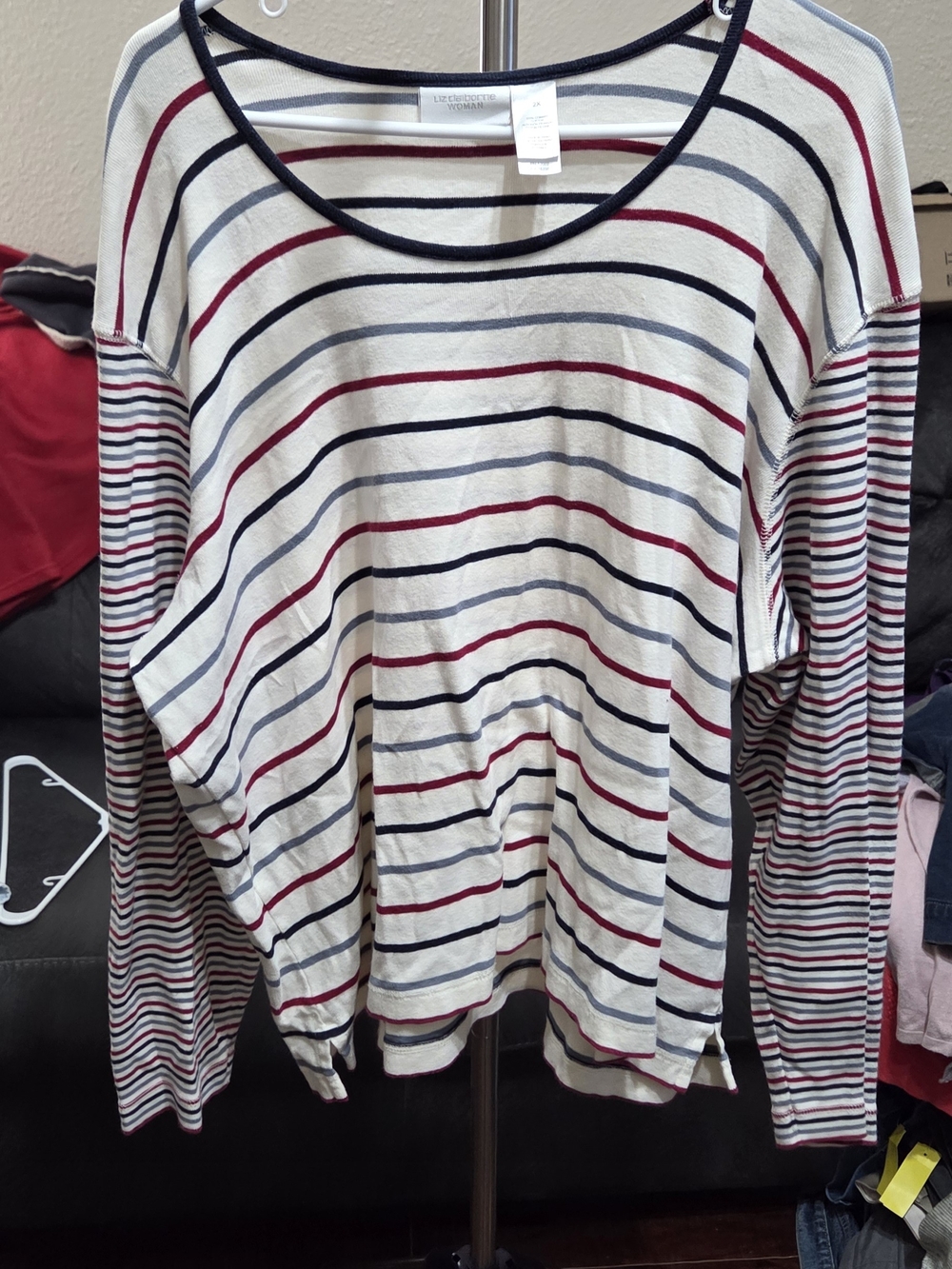 Liz Claiborne Ivory Knit Top with Navy and Burgundy Stripes